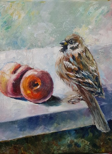 Peinture intitulée "Sparrow and peach" par Svetlana Lanovenko, Œuvre d'art originale, Huile