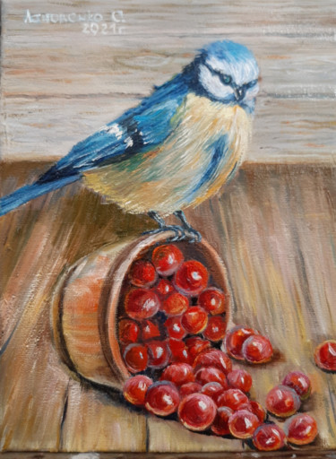 Schilderij getiteld "Bird tit and red vi…" door Svetlana Lanovenko, Origineel Kunstwerk, Olie