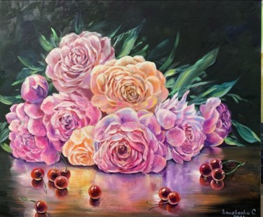 Pintura titulada "oil peonies cherrie…" por Svetlana Lanovenko, Obra de arte original, Oleo