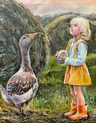 Malerei mit dem Titel "oil girl and goose…" von Svetlana Lanovenko, Original-Kunstwerk, Öl