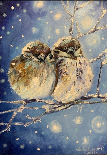 Картина под названием "oil sparrows blue f…" - Светлана Лановенко, Подлинное произведение искусства, Масло
