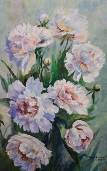 Painting titled "Oil White peonies r…" by Svetlana Lanovenko, Original Artwork, Oil