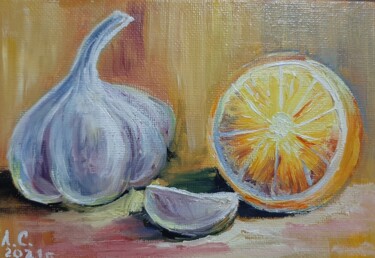Miniature small painting Garlic and lemon 10x15 Картина под названием "Miniature small pai…" - Светлана Лановенко, Подлинное произведение искусства, Масло