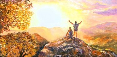 Large size oil painting dawn in the mountains, lovers Peinture intitulée "Large size oil pain…" par Светлана Лановенко, Œuvre d'art originale, Huile
