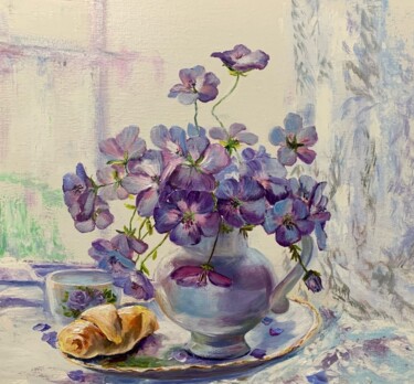 oil painting lilac flowers croissant on a white tablecloth Painting titled "oil painting lilac…" by Светлана Лановенко, Original Art, Oil