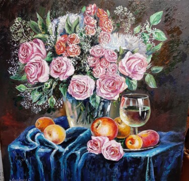 Peinture intitulée "roses fruits peintu…" par Svetlana Lanovenko, Œuvre d'art originale, Huile
