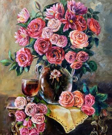 peinture à l'huile roses provence chic bouquet Peinture intitulée "peinture à l'huile…" par Светлана Лановенко, Œuvre d'art originale, Huile