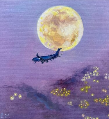 Painting titled "the sky the plane t…" by Svetlana Lanovenko, Original Artwork, Oil