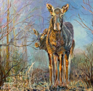 Peinture intitulée "Elk in the forest,…" par Svetlana Lanovenko, Œuvre d'art originale, Huile