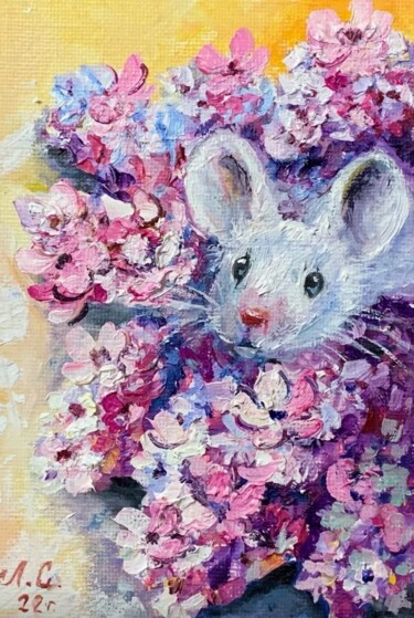 Painting titled "Oil, mouse, white l…" by Svetlana Lanovenko, Original Artwork, Oil