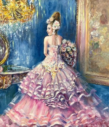 Painting titled "madam in a pink dre…" by Svetlana Lanovenko, Original Artwork, Oil
