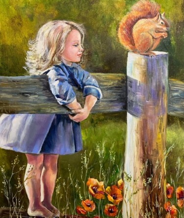 Peinture intitulée "Child girl and squi…" par Svetlana Lanovenko, Œuvre d'art originale, Huile