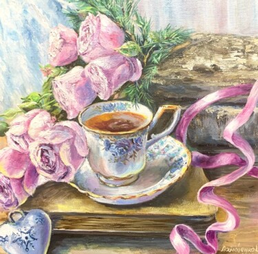 Schilderij getiteld "pink roses a cup of…" door Svetlana Lanovenko, Origineel Kunstwerk, Olie