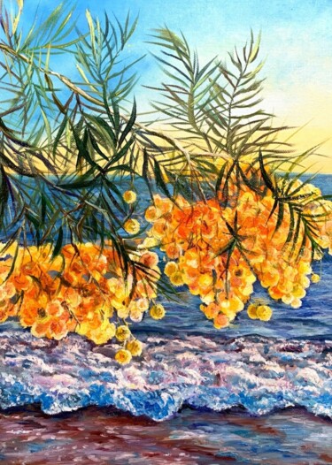 Pittura intitolato "Bright mimosa by th…" da Svetlana Lanovenko, Opera d'arte originale, Olio