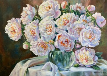 Pintura intitulada "white peonies in a…" por Svetlana Lanovenko, Obras de arte originais, Óleo