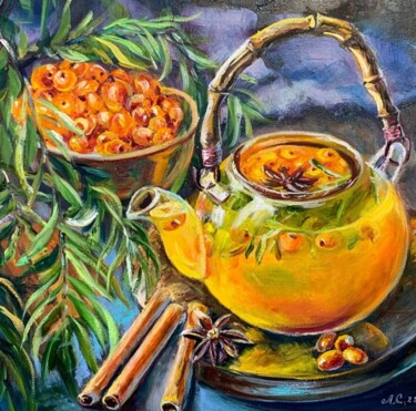 Malerei mit dem Titel "Sea buckthorn tea g…" von Svetlana Lanovenko, Original-Kunstwerk, Öl