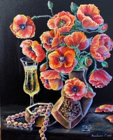 Schilderij getiteld "Poppies jewelry box…" door Svetlana Lanovenko, Origineel Kunstwerk, Olie