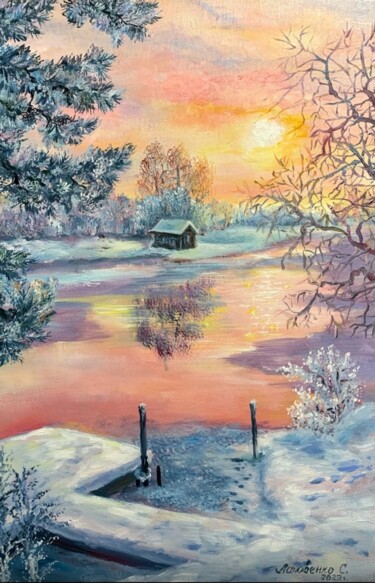 Painting titled "Winter landscape pi…" by Svetlana Lanovenko, Original Artwork, Oil