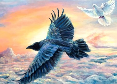 Peinture intitulée "A raven soaring abo…" par Svetlana Lanovenko, Œuvre d'art originale, Huile