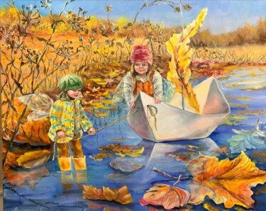 Ζωγραφική με τίτλο "Autumn Puddle Paper…" από Светлана Лановенко, Αυθεντικά έργα τέχνης, Λάδι