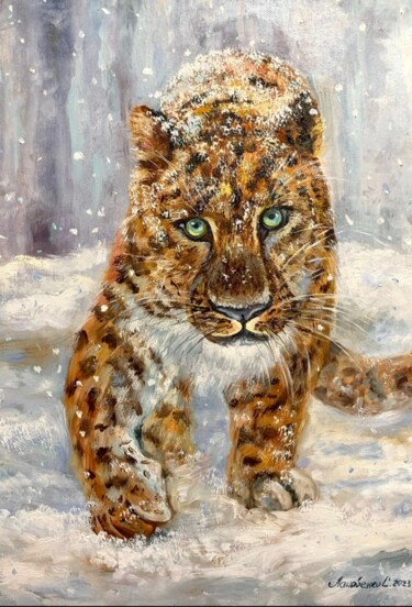 Peinture intitulée "Leopard snow wild b…" par Svetlana Lanovenko, Œuvre d'art originale, Huile
