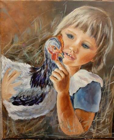 Painting titled "Girl with chicken c…" by Svetlana Lanovenko, Original Artwork, Oil
