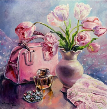 Malarstwo zatytułowany „Pink tulips childre…” autorstwa Светлана Лановенко, Oryginalna praca, Olej