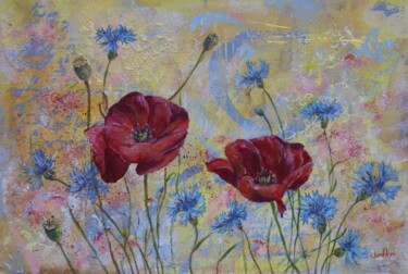 Peinture intitulée "coquelicots et bleu…" par Sophie Lantelme, Œuvre d'art originale, Acrylique