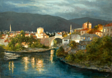 Painting titled "Nightfall  in Mosta…" by Gyorgy Lantos, Original Artwork, Oil Mounted on Wood Stretcher frame