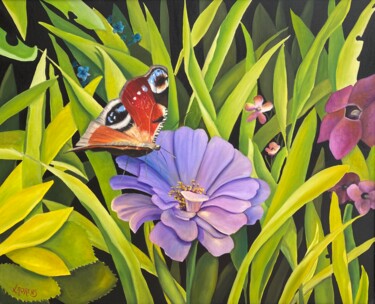 Peinture intitulée "Papillon Paon" par Laorens, Œuvre d'art originale, Huile