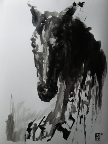 Drawing titled "Horse : L164" by Laou, Original Artwork, Ink Mounted on Glass