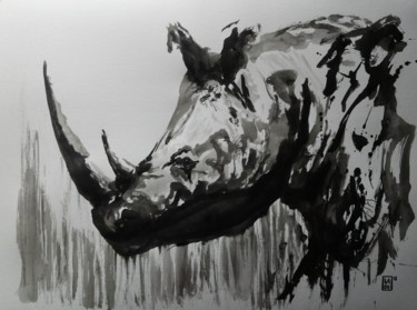 Drawing titled "Rino : L166" by Laou, Original Artwork, Ink Mounted on Glass