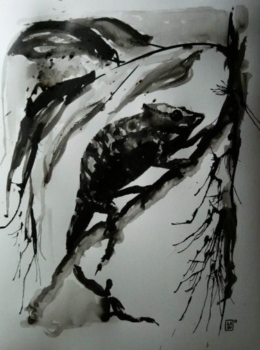 Drawing titled "Caméléon : L183" by Laou, Original Artwork, Ink Mounted on Glass