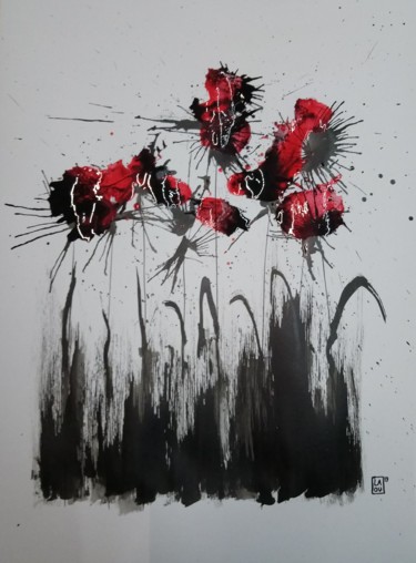 Drawing titled "Coquelicots : L190" by Laou, Original Artwork, Ink