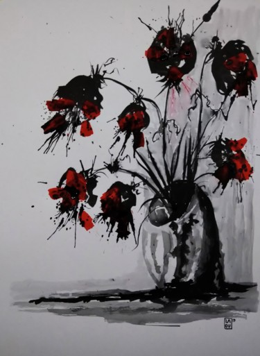 Dessin intitulée "Bouquet : L249" par Laou, Œuvre d'art originale, Encre Monté sur Verre