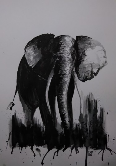 Dibujo titulada "Éléphant : L257" por Laou, Obra de arte original, Tinta