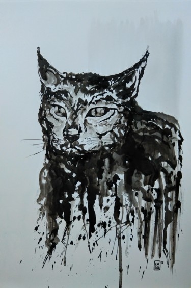 Zeichnungen mit dem Titel "Felidae : L261" von Laou, Original-Kunstwerk, Tinte Auf Glas montiert