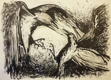 Dessin intitulée "Corbeaux : L055" par Laou, Œuvre d'art originale, Encre Monté sur Verre