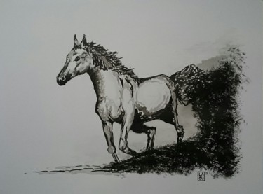 Dessin intitulée "Mustang : L063" par Laou, Œuvre d'art originale, Encre