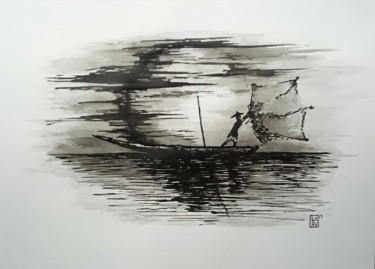 Drawing titled "Pécheur : L064" by Laou, Original Artwork, Ink Mounted on Glass