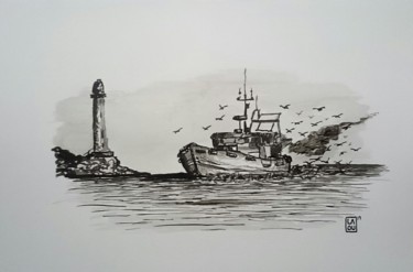 Drawing titled "Retour de pêche : L…" by Laou, Original Artwork, Ink Mounted on Glass