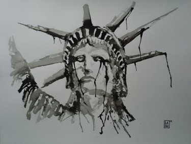 Dessin intitulée "Statue de la libert…" par Laou, Œuvre d'art originale, Encre