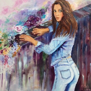 Painting titled "Jeune fille en jeans" by Gisele Causse, Original Artwork, Oil Mounted on Wood Stretcher frame