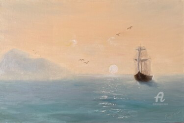 Painting titled ""Dawn by the Sea"" by Tatiana Tatiana Lapina Lapina, Original Artwork, Oil Mounted on Wood Stretcher frame