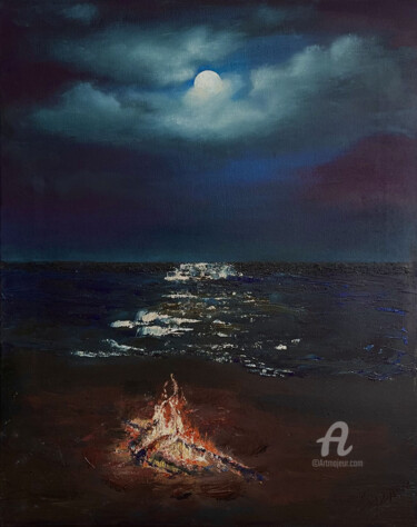 Pintura titulada ""Night by the Sea"" por Tatiana Tatiana Lapina Lapina, Obra de arte original, Oleo