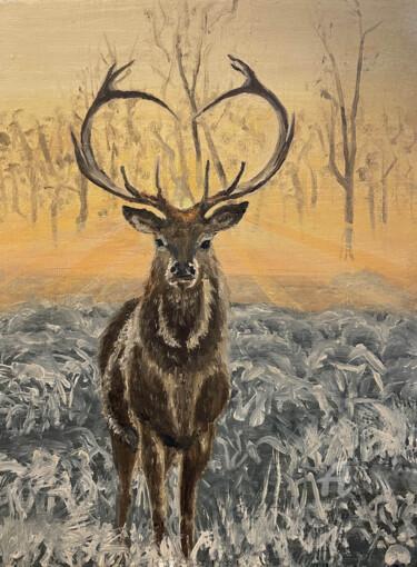 Pittura intitolato "Stag Red Deer Fanta…" da Tatiana Tatiana Lapina Lapina, Opera d'arte originale, Olio