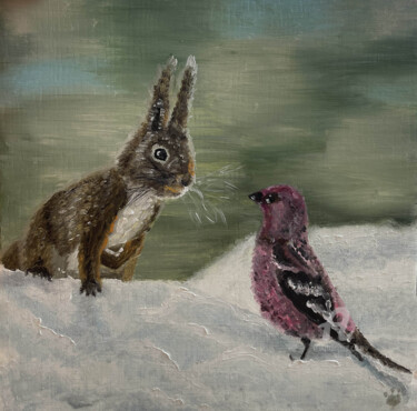 Pittura intitolato "Bird Squirrel  cute…" da Tatiana Tatiana Lapina Lapina, Opera d'arte originale, Olio