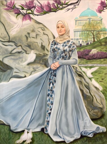 Картина под названием "girl flowers mosque…" - Tatiana Татьяна Lapina Лапина, Подлинное произведение искусства, Масло