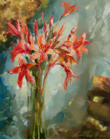 Картина под названием "Red daylily" - Olha Laptieva, Подлинное произведение искусства, Масло