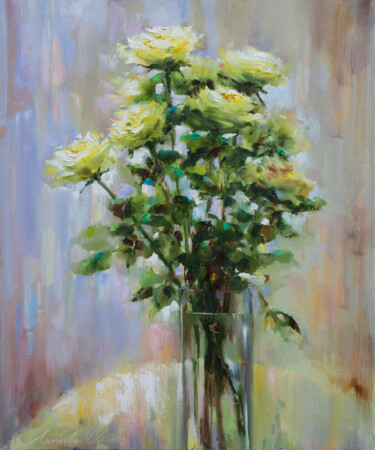 Malarstwo zatytułowany „White roses” autorstwa Olha Laptieva, Oryginalna praca, Olej